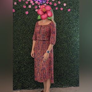 Everly Paisley Print Off-the-Shoulder Boho Midi Peasant Dress